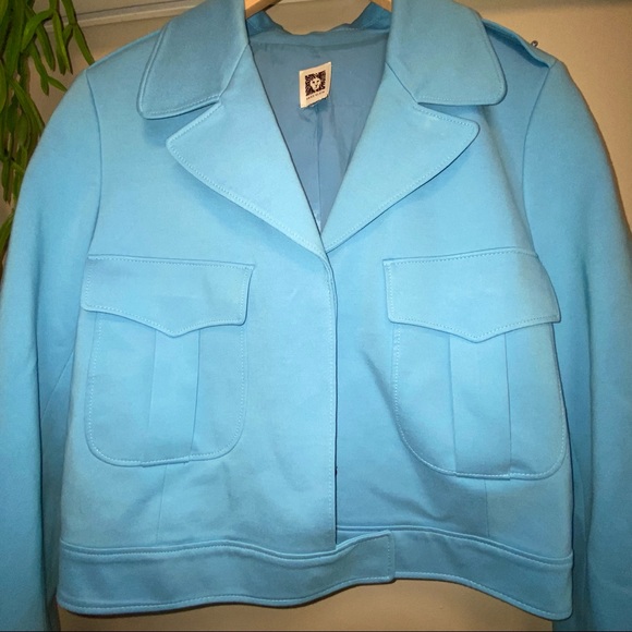 Anne Klein Light Baby Blue Button Front Cropped Moto Jacket Sz Large - Picture 3 of 11